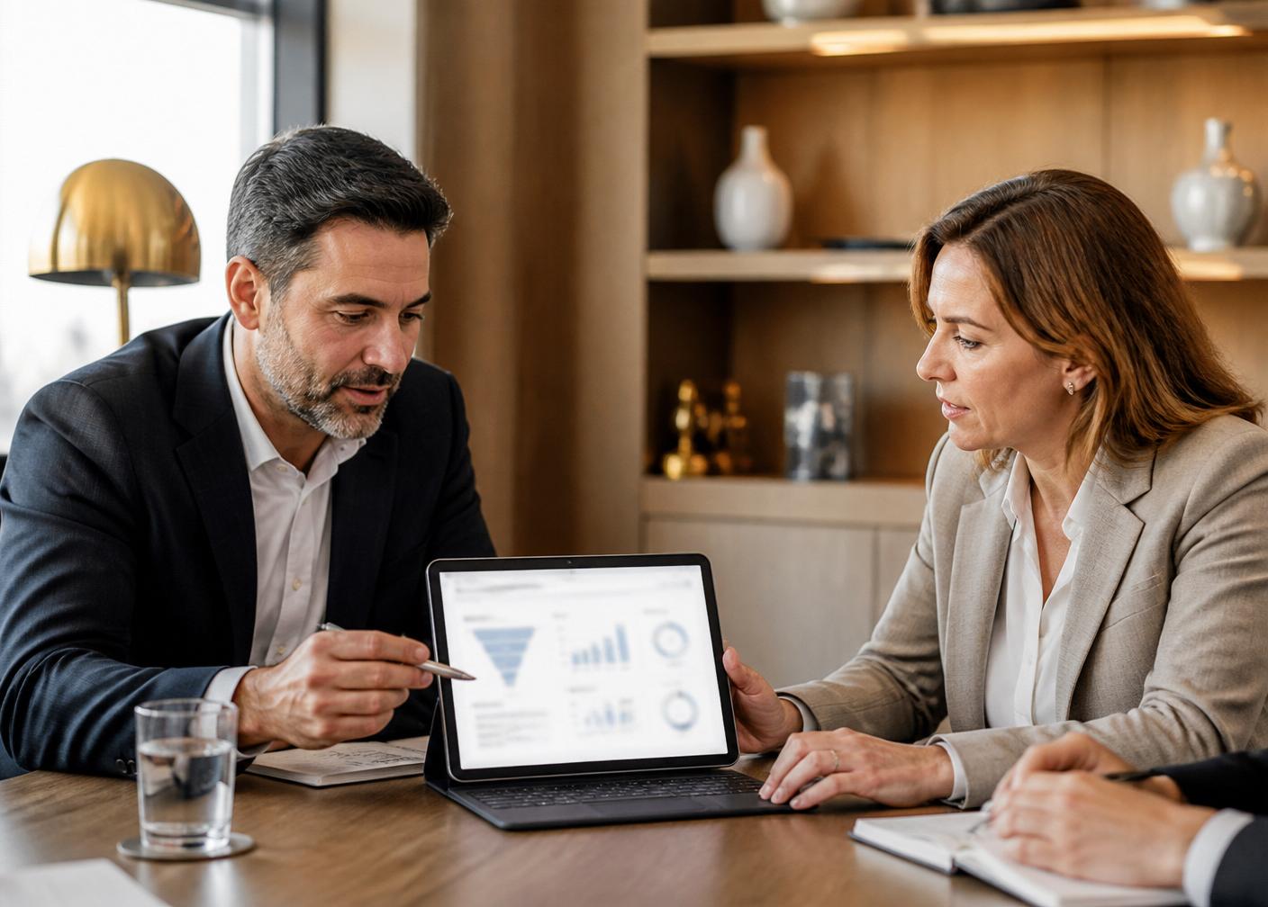 Sales-Strategiegespräch mit Tablet und Dashboard