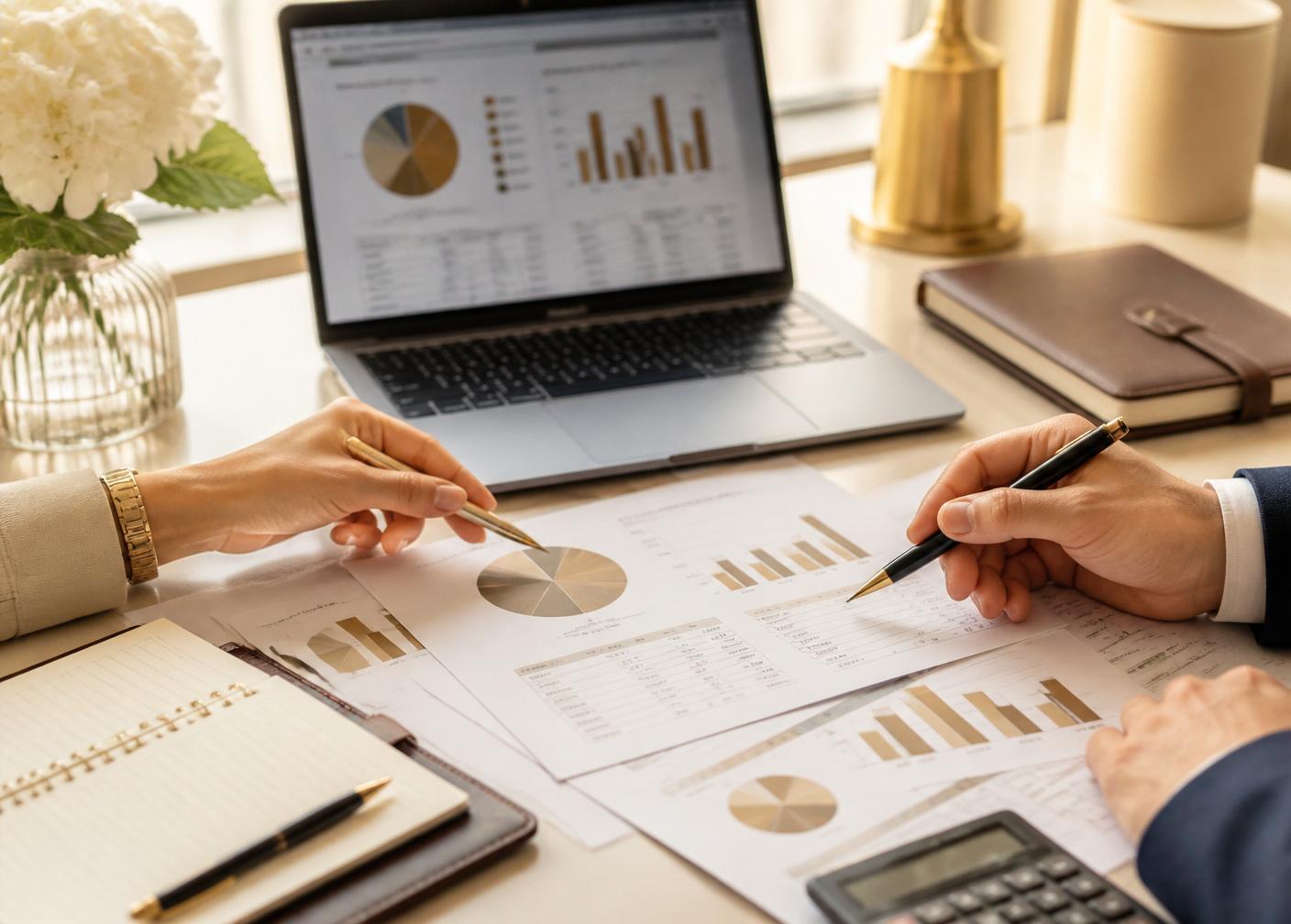 Finance-Detailaufnahme mit Laptop, Berichten und Notizbuch